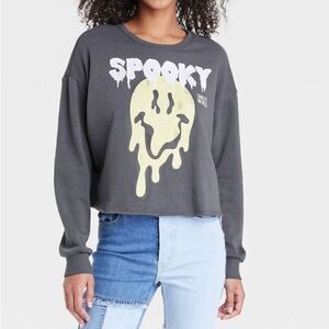 Women's Smiley World Spooky Graphic Oversized Casual Fall Sweatshirt Gray XL New